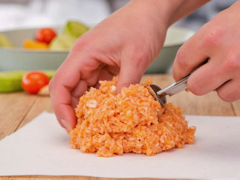 Hand shaping salmon patty mixture with measuring scoop