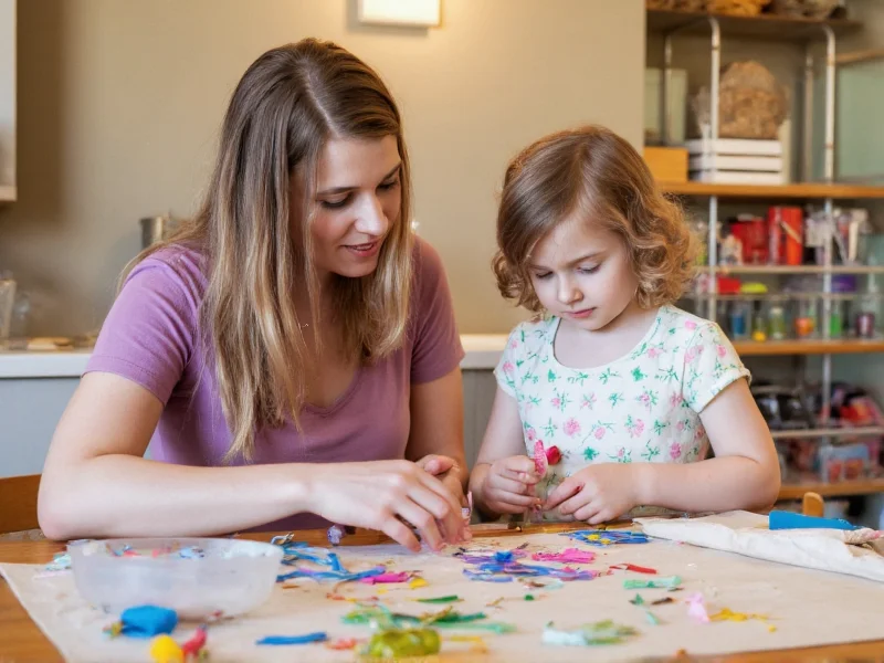 Mother and child crafting together with recycled materials