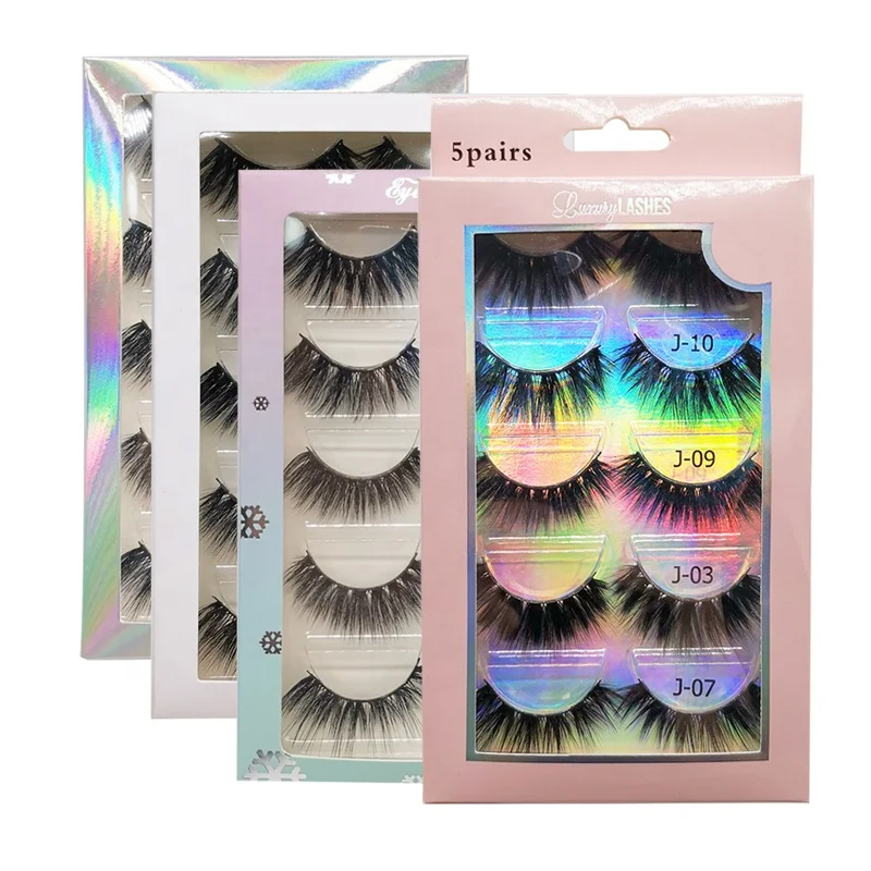 

Own Logo Pink Rainbow 5 pairs PVC window 5 pack False Lash Packaging box case 15mm 18mm Full Strip 3D faux cils mink Eyelashes