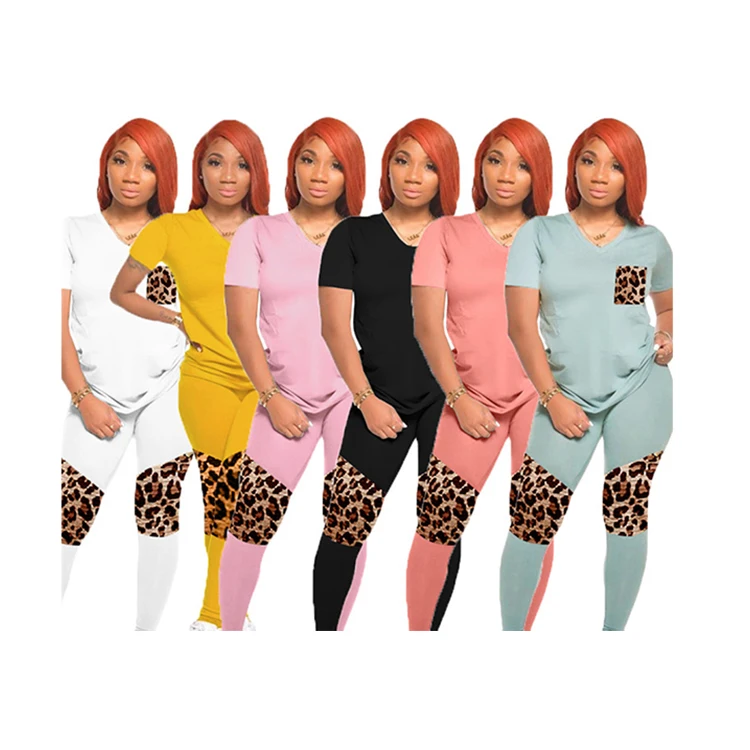 

Latest 2 PCS Outfit Leopard Patchwork Tops Joggers Sweatsuit Skinny Two Piece Women Tracksuit