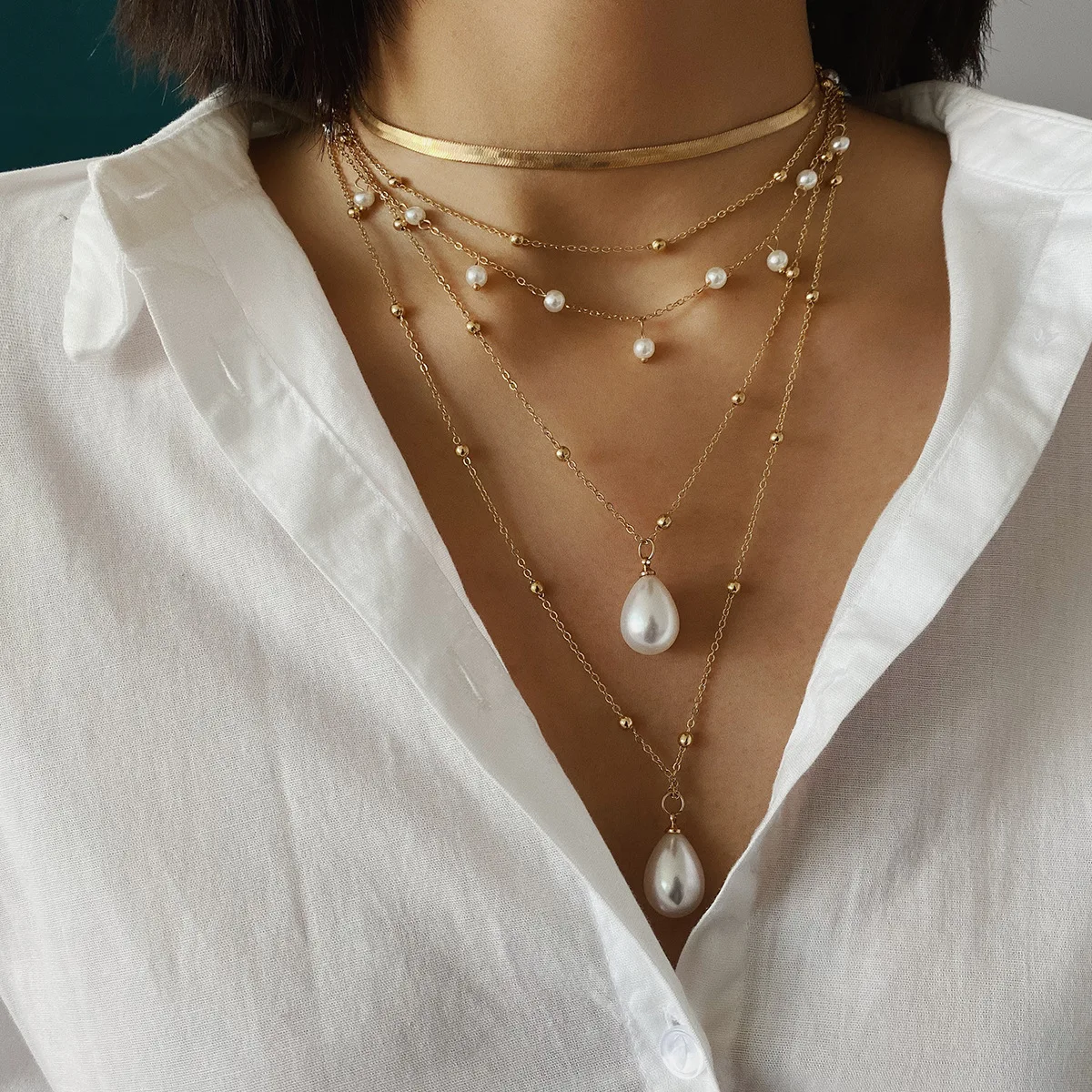 

Ding yi Creative square brand gem necklace women mix and match style moon imitation pearl multilayer OT buckle necklace, Gold