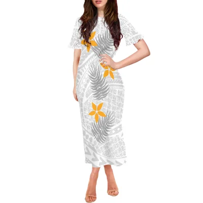 

2022 Summer Hot Sales Polynesian Samoan Tribal Design Custom 4XL Big Size Short Ruffle Sleeve O-Neck Long Dress Casual Dress, Customized color