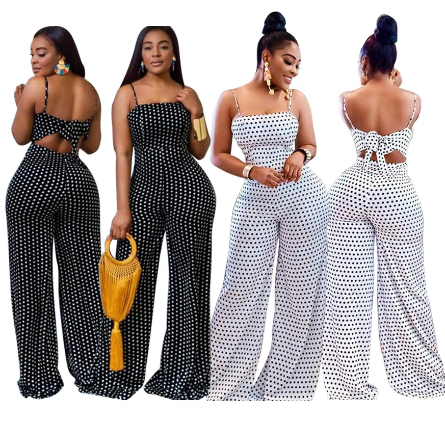 

2021 Fashion Summer Jumpsuits Newest Dot Printing Connection Open Hollow Out Waist Sling One Piece Jumpsuit wide leg Jumpsuit, White/black