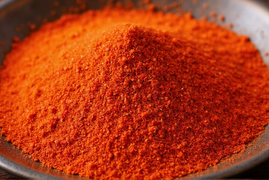 Close-up of vibrant red Korean red pepper flakes (gochugaru) in a traditional ceramic bowl with fresh peppers