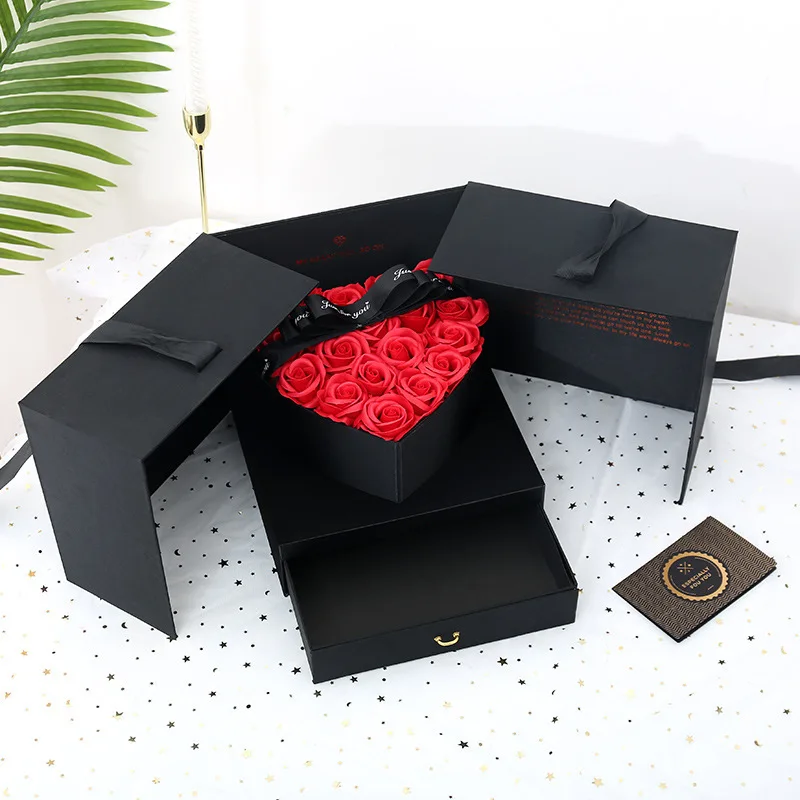 

Luxury Magic Cube Rose Flower Paper Box with Drawer Heart Shape Surprise Gift Box