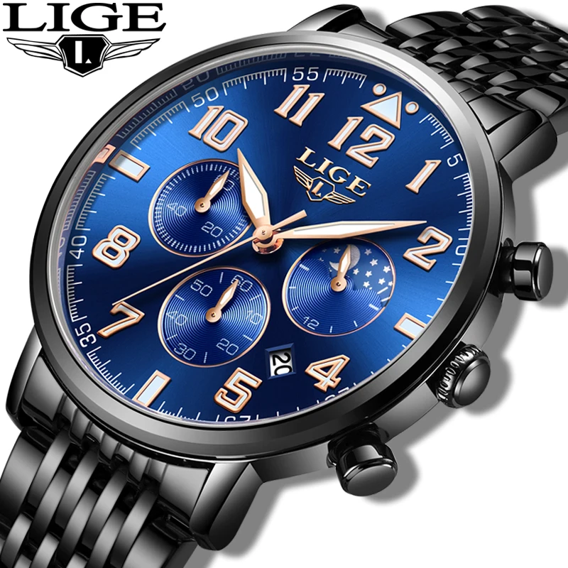 

LIGE 9979 Fashion Men Watches Brand Luxury Quartz Watch Men Stainless Steel Waterproof Male Moon Phase Chronograph Wristwatch