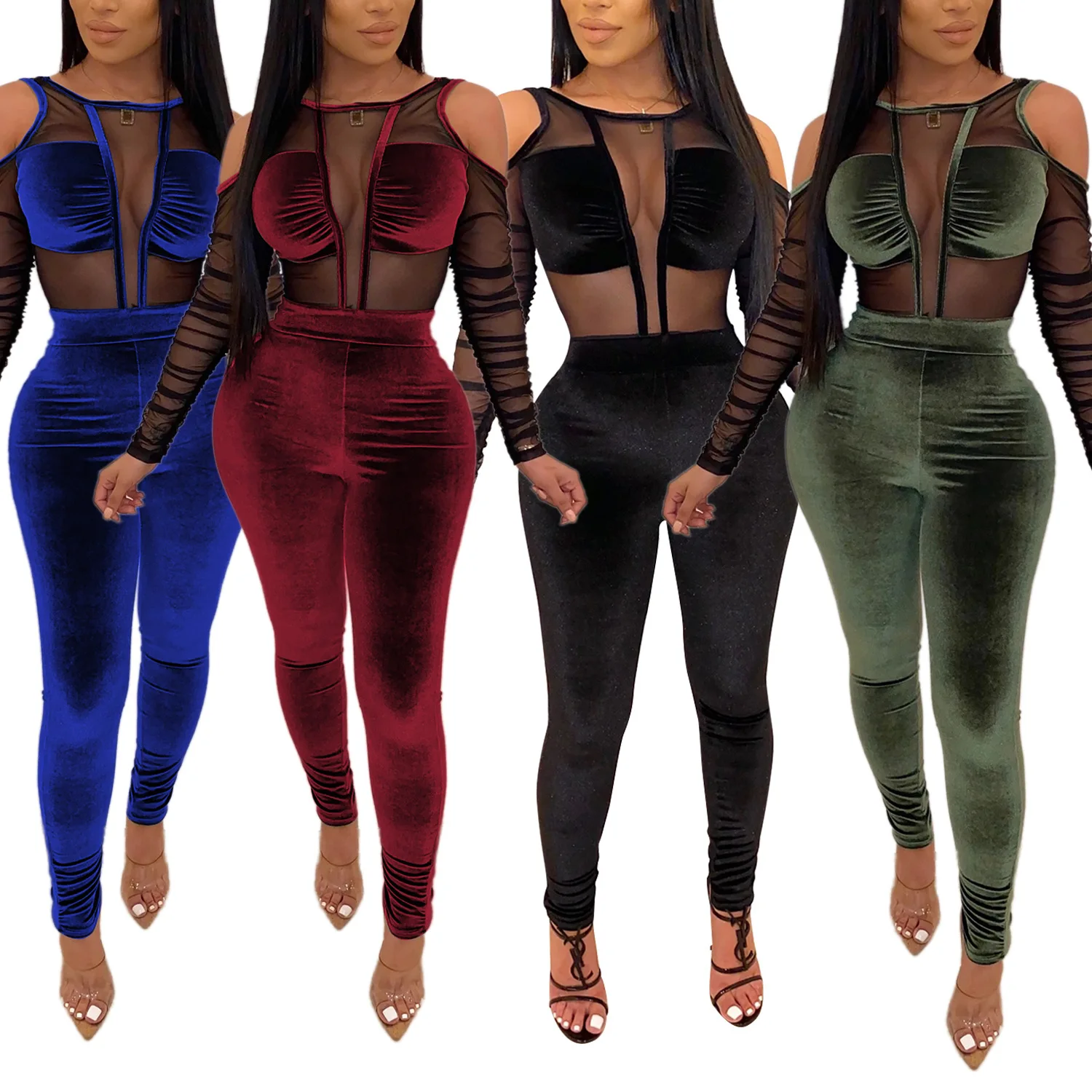 

Foma H3321 In stock Women Clothing Mesh Outfits Velvet Bodycon Sexy Mesh Jumpsuits 2 Piece Set