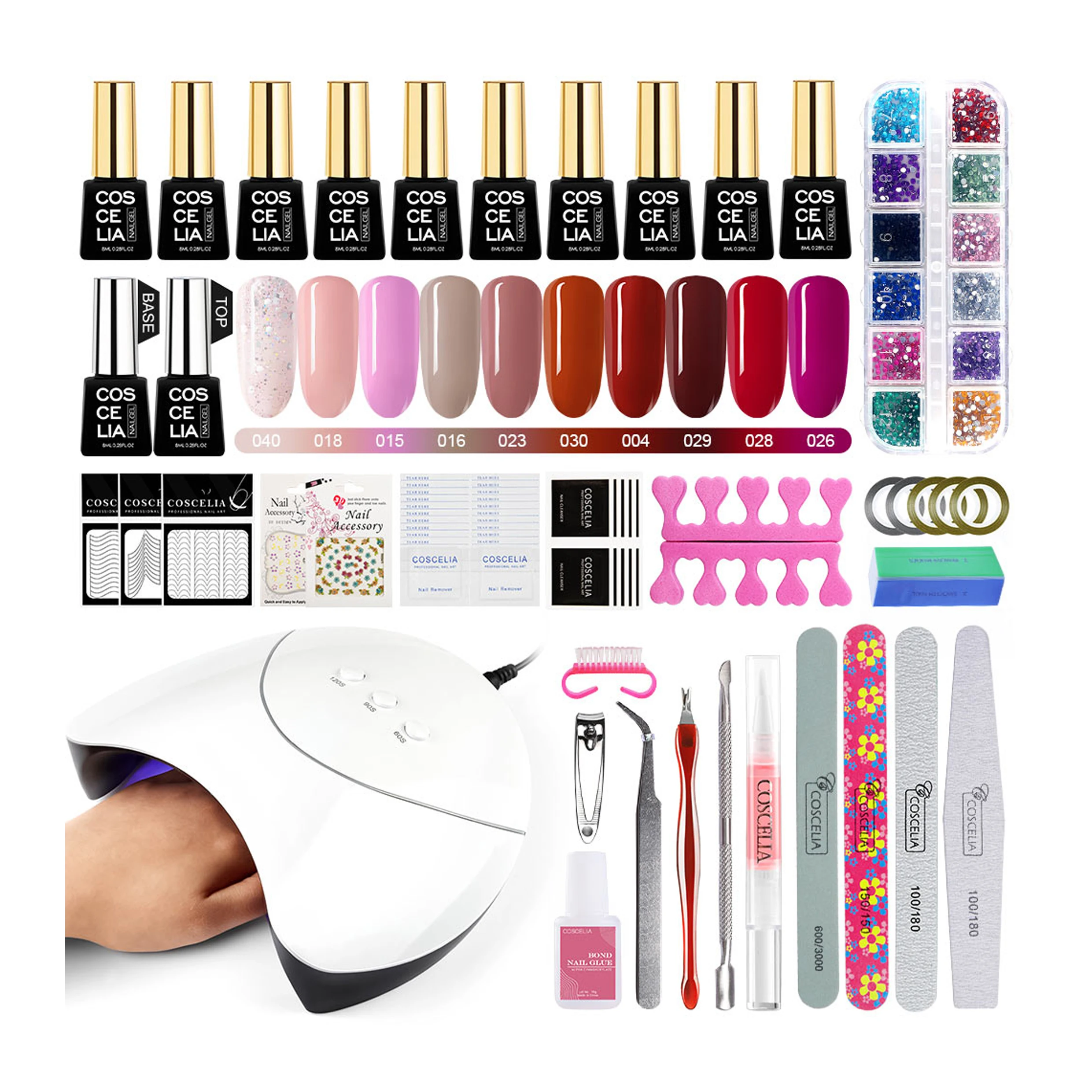 

COSCELIA 36W UV Lamp 10Pcs Soak Off Gel Nail Top Coat Manicure Set, 10 colors