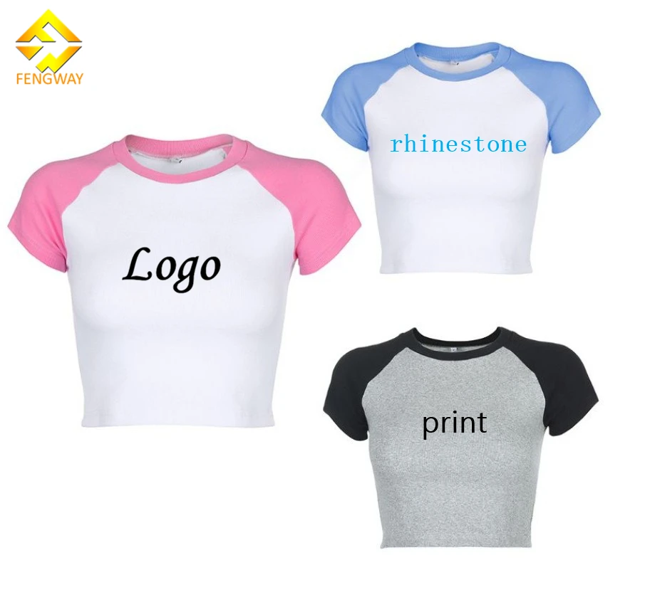 Custom logo Women Crop Top 2025 Summer Round Neck Woman Patchwork t Shirts Tees Baby Tees Women