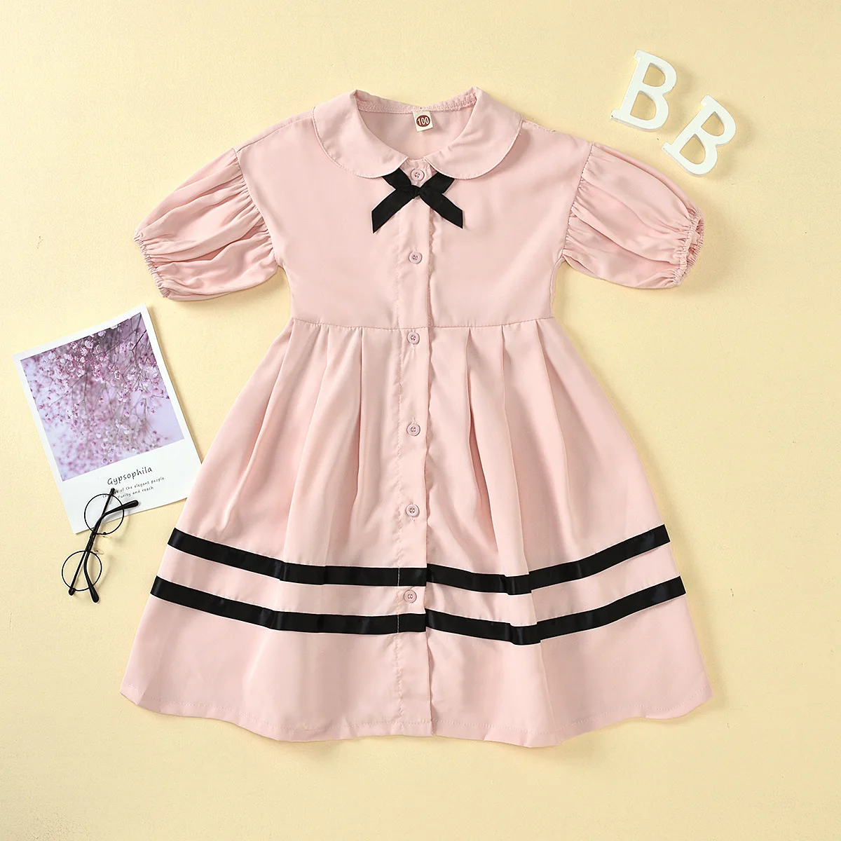 

Wholesale Girls Short Sleeve Bowknot Splicing Single Breasted Pink Dress