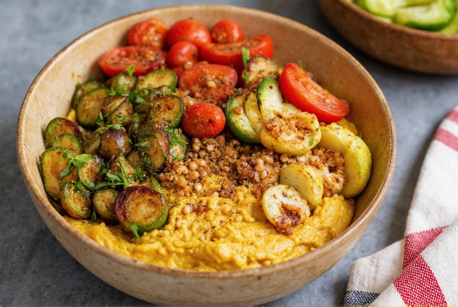 Colorful bowl of Middle Eastern cuisine featuring hummus, tabbouleh, and grilled vegetables generously sprinkled with cumin
