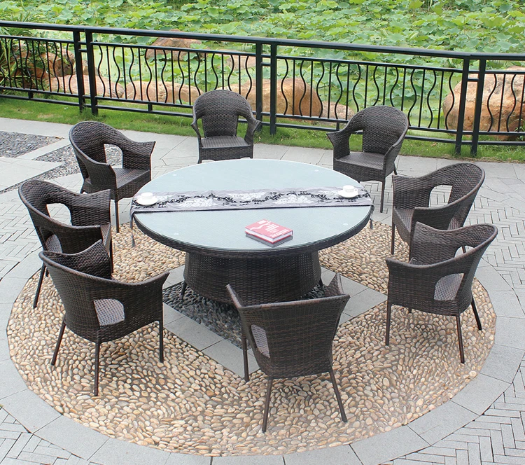
New creation PE rattan outdoor garden furniture 8 pieces rattan chairs large round wicker table 