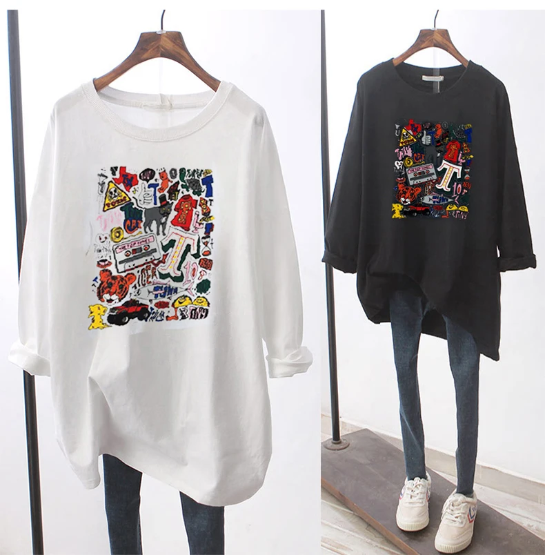 

Plus size women's 2020 autumn Korean version loose round neck bottoming shirt women printing long sleeve ladies t-shirt ins