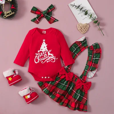 

Children's clothing holiday style Christmas children's suit baby bag fart dress bow knot lattice suspender skirt suit, Picture shows