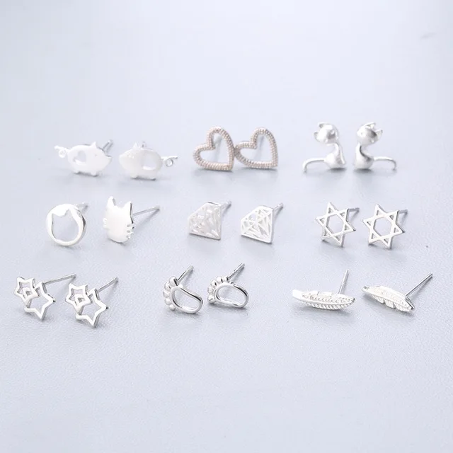 

S925 Sterling Silver Ear Pin Star Heart Triangle Cross Leaves Cat Dog Pig Tower Pumpkin Christmas Tree Fish Stud Earring(KST004), Same as the picture