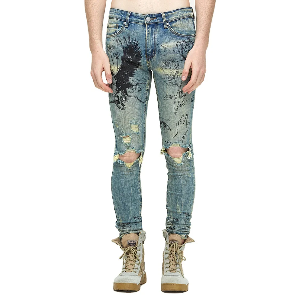 

DiZNEW denim jeans manufacturer Mens Dirty Washed Distressed Custom Jeans Printing