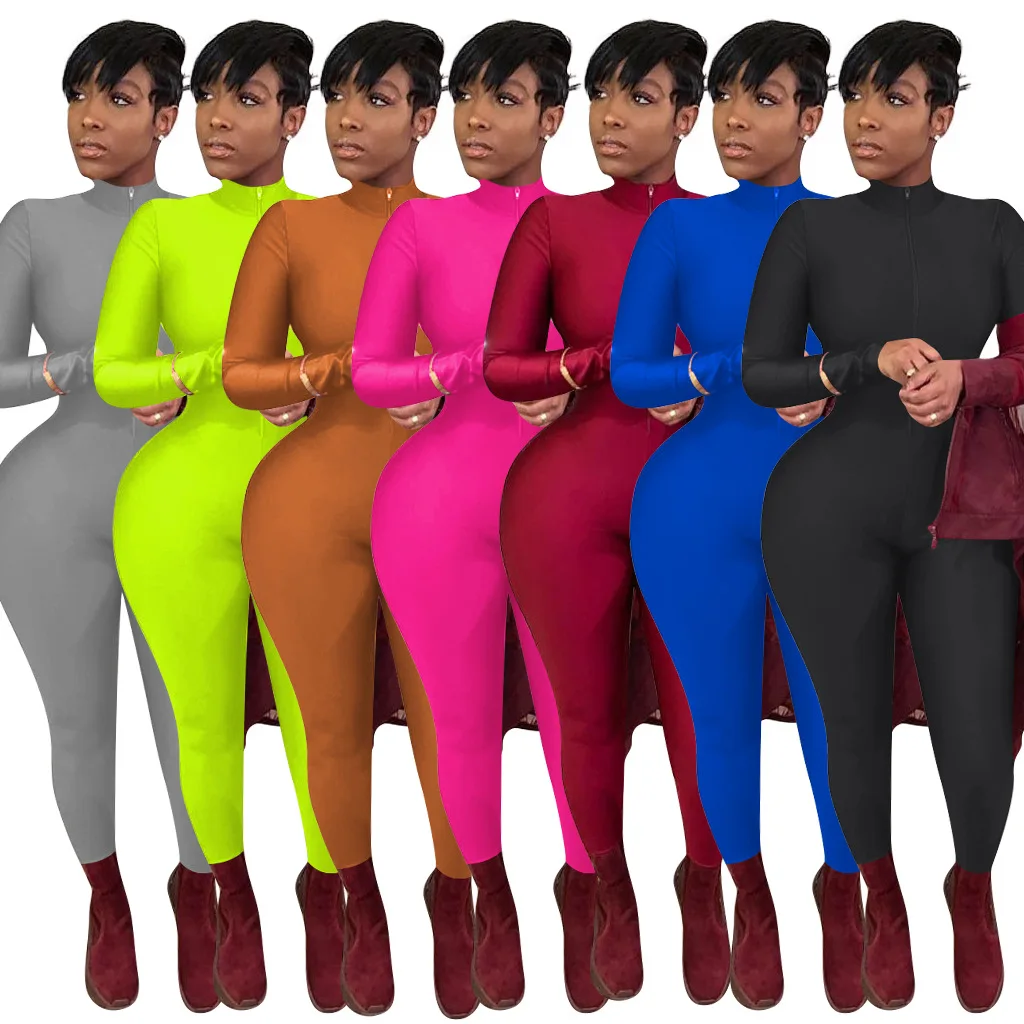 

Sexy Neon Color Clubwear Jumpsuit Long Sleeve Sheath Tight Bodysuit Women Full Length Pants Jumpsuits Rompers A138