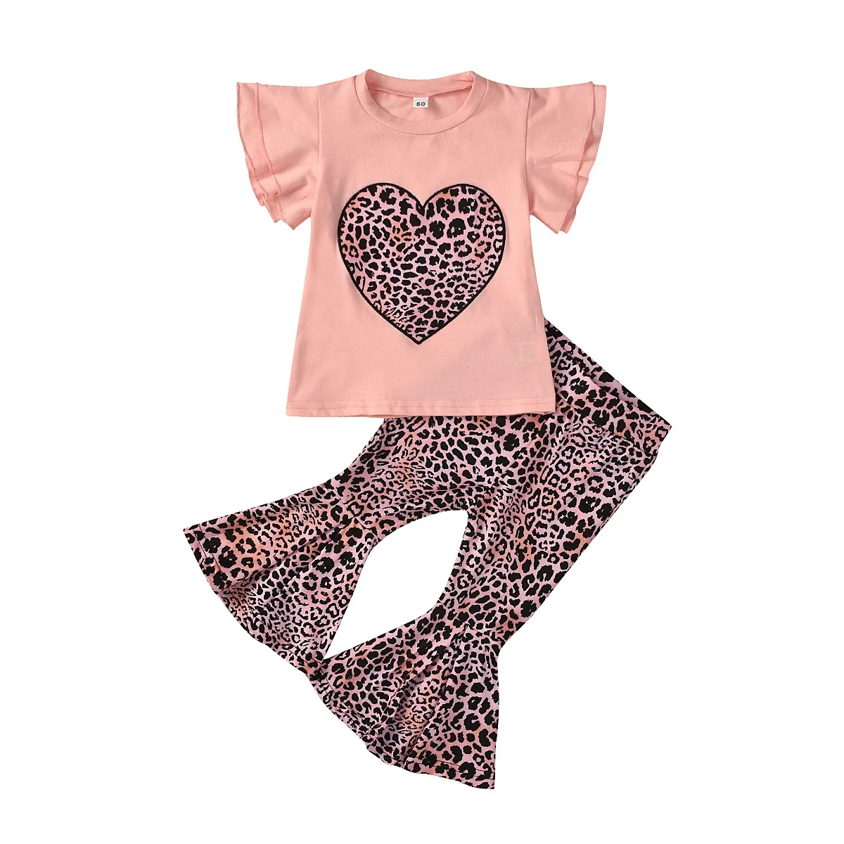 

Summer Round Neck Short Sleeve T Shirt and Leopard Pants Kids Girl Clothes Set, Pink