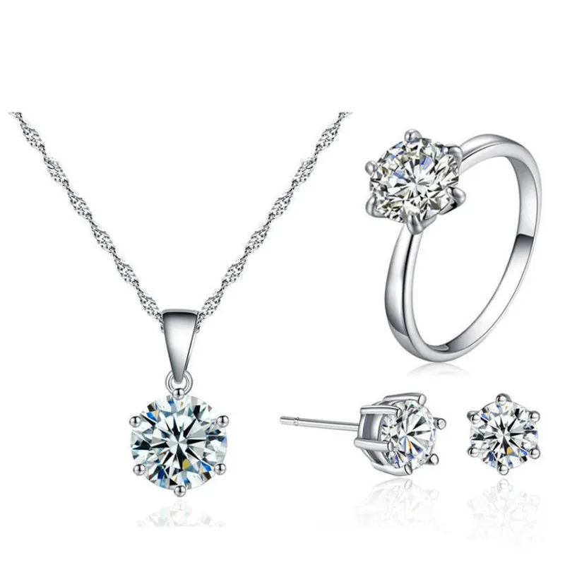 

Fashion Jewelry Set CZ Crystal Stud Earrings Silver Plated Crystal Zircon Ring Earrings Necklace Jewelry Set for Women, White