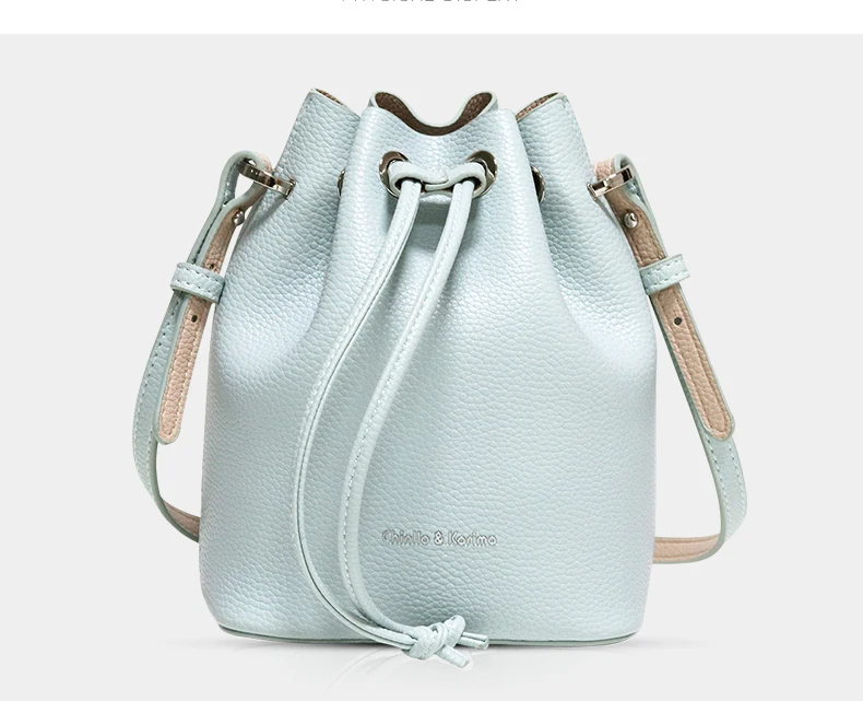 

2020 Trend High Quality PU Mini Bucket Handbag Women Fashion Pure Color Light Weight Ladies Cross-body Bag String Handbag, Beige, blue