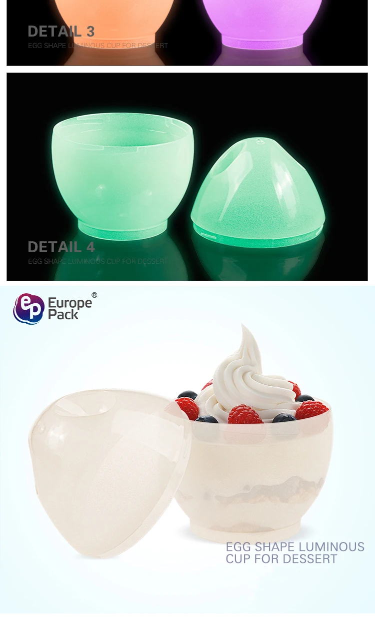 Europe-Pack new products colorful glowing dessert cup 135ml plastic egg shaped cup