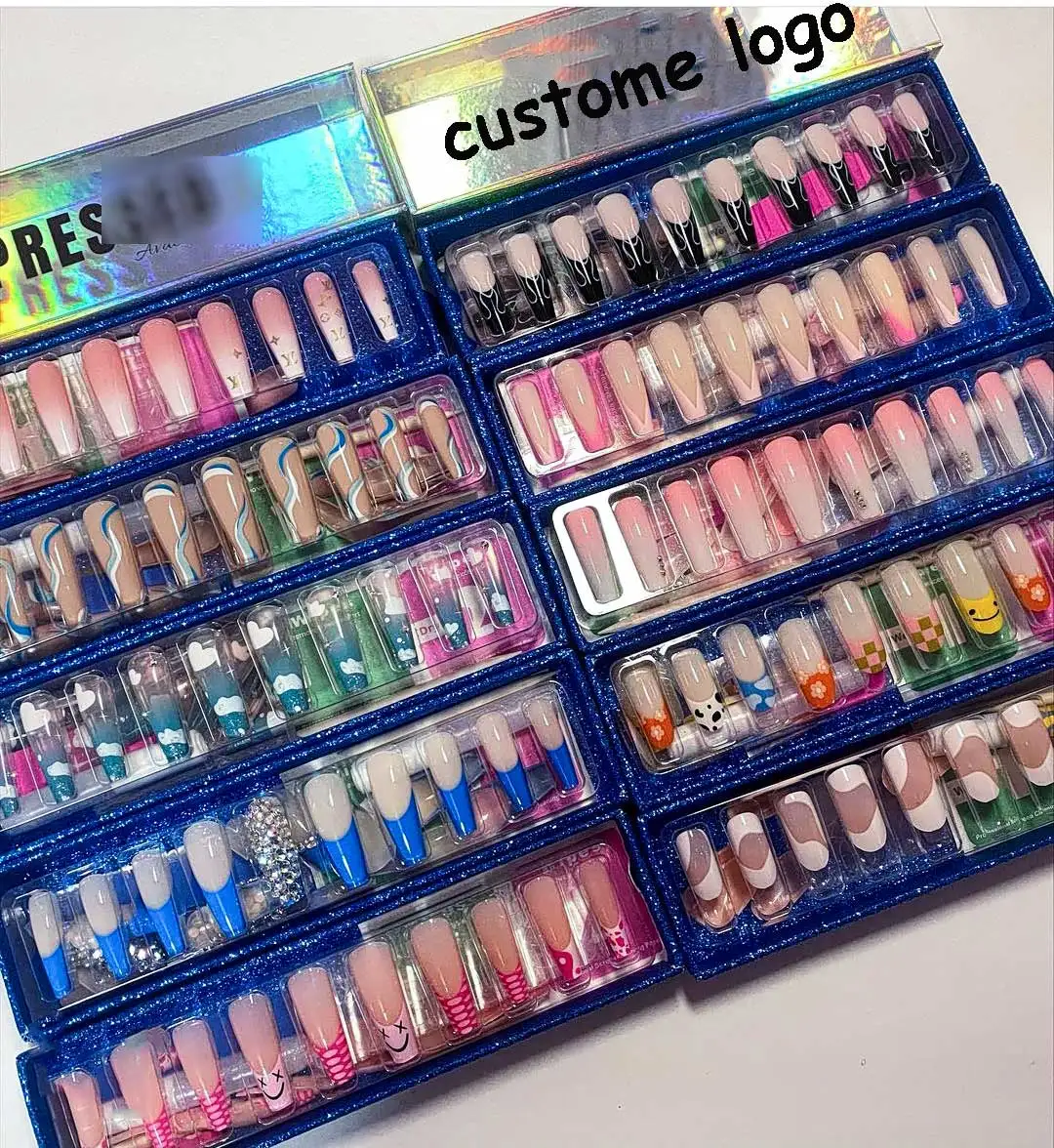 

Popular Long false Nails Set Press Designs Almond Artifical Nails With Rhinestones Custom Press On Nails Packaging Box