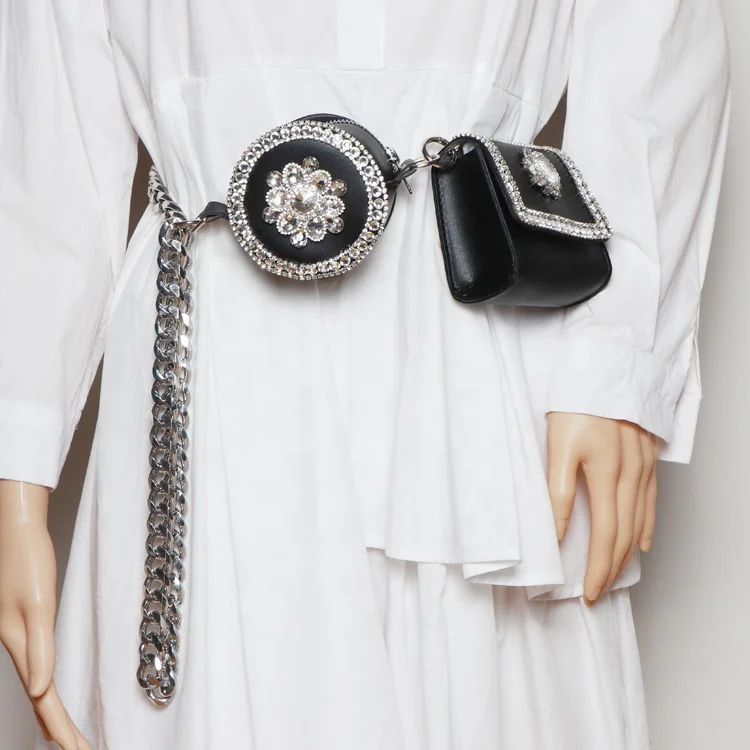 

New Rhinestone Decoration Round Square Small Bag Chain Messenger Bag Waist Bag Women Detachable, Rhinestone, tassel