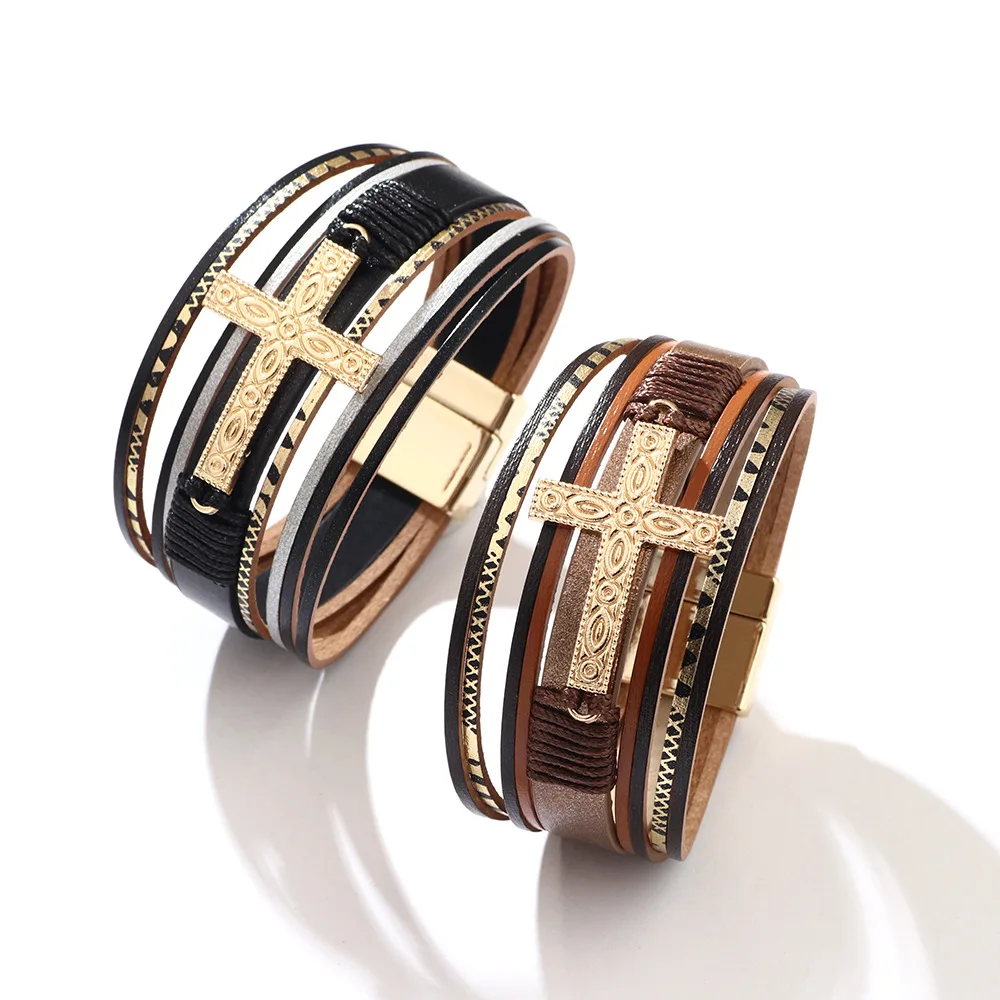

Fashion Retro Women Cross Leather Bracelets Handmade Braided Wide Wrap Charm Bracelets Bangles Religious Jewelry(SK1388), As picture