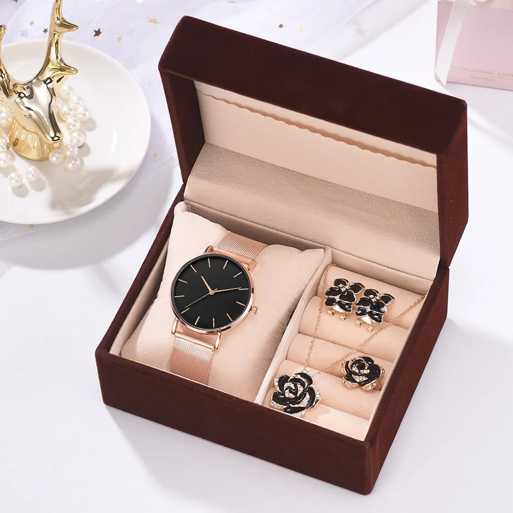 

New arrvial luxury women ladies gift simple 5pcs set rose necklace ring earrings stainless steel watch jewelry, As pic