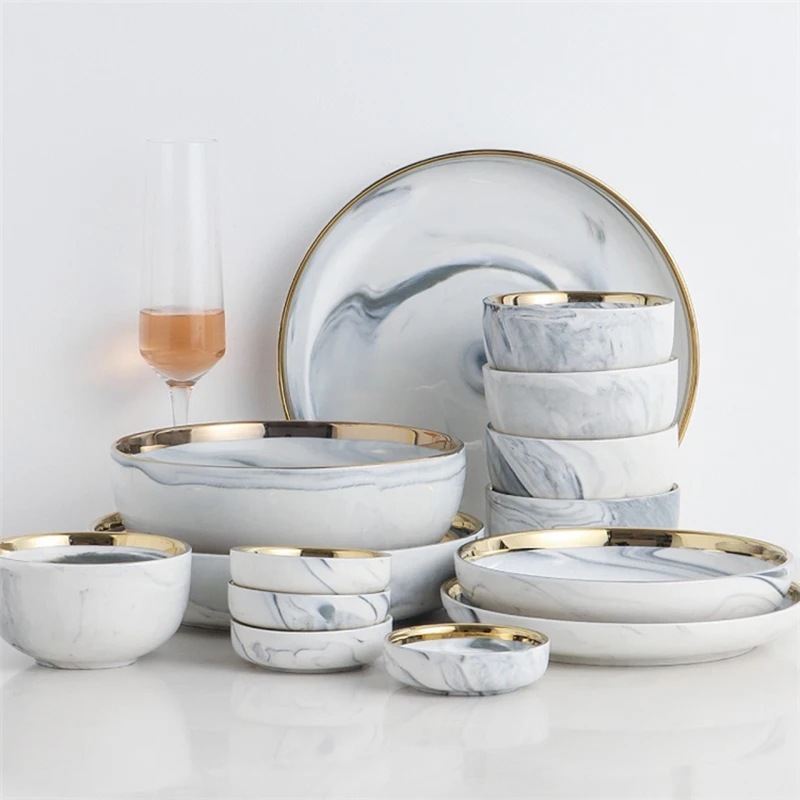 

good price restaurant nodic christmas marble dinner set Wedding dinner plates golden pattern luxury ceramic tableware