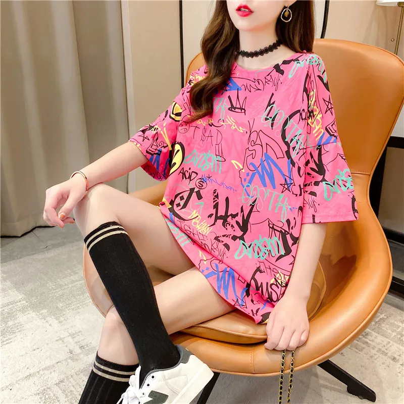 

Wholesale 2020 summer women's cartoon mid-length all-match lazy Korean ins shirt printing round neck loose women's T-shirt