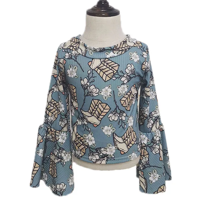 

RTS Cowboy Pattern Printed Girls Bell Sleeve Top, White,blue