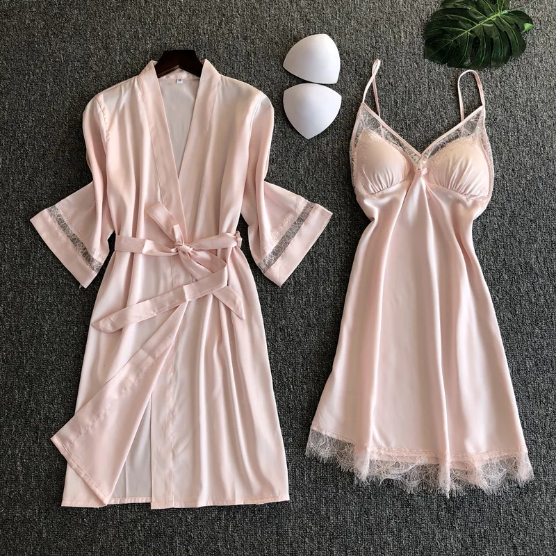 

Casual Home Clothes Nightwear Sexy Women Rayon Kimono Bathrobe WHITE Bride Bridesmaid Wedding Robe Set Lace Trim Sleepwear, Picture shows