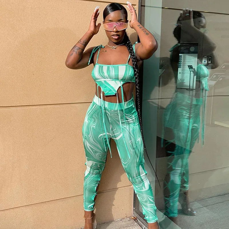 

Ready to ship summer printing casual hollow out sexy pants sets women 2 piece set clothing