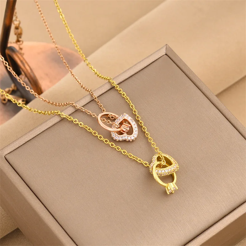 

GT New Design Interlocking Circle Necklace Cubic Zirconia Stone Rings Stainless Steel Love Heart Pendant Necklace For Women