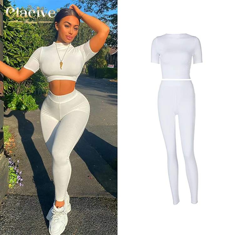 

Clacive Hot Sale Summer Multicolor Short Sleeve O-Neck Skinny Two Piece Set Women Clothing Jogger Sport Casual Women 2 Piece Set, Black;gray;white;coffee