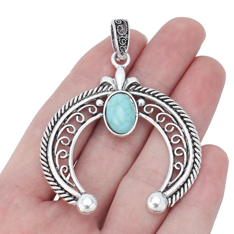 

Antique Silver Large Double Horn Crescent Moon & Faux Turquoise Stone Charms Pendants for Necklace Jewelry Making