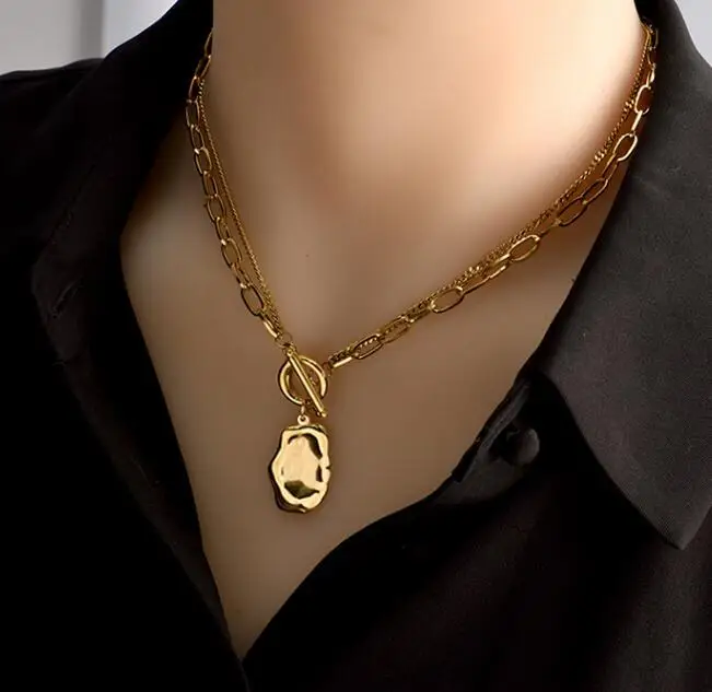 

New Arrival Retro Metal Layered Hammered Irregular Coin Necklaces OT Buckle Thick Chain Jewelry Stainless Steel Necklace
