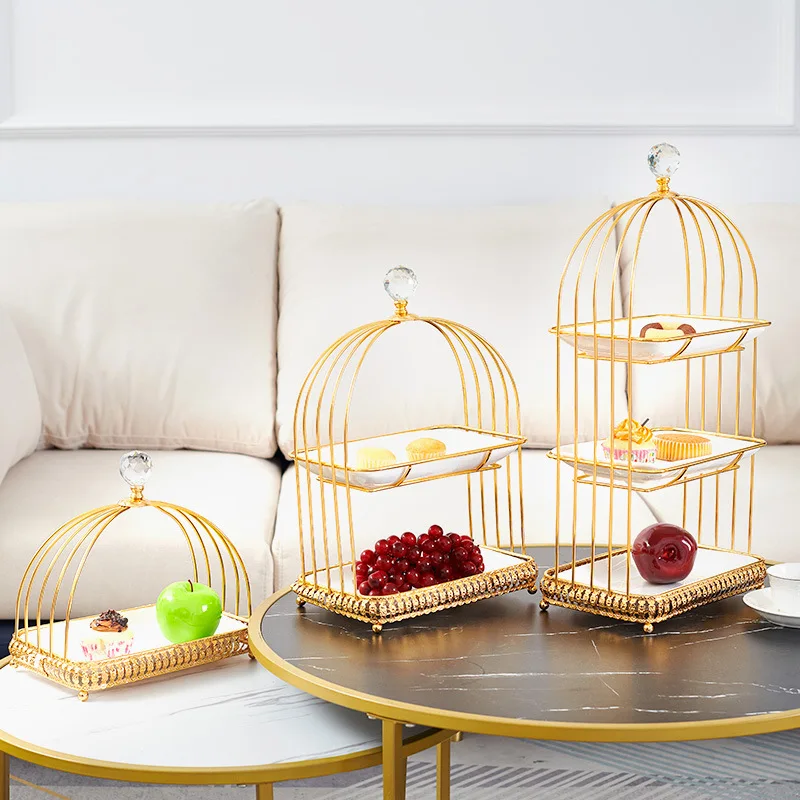 

Luxury Crystal Food Tray Living Room Creative Birdcage-Shaped Iron Dessert Fruit Tray with White Ceramic Dishes