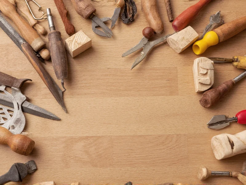 Woodworking tools arranged around wooden block crafts