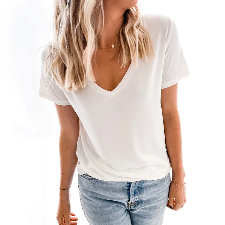 

Women Summer Female V-neck Pure Color Crop Tops T-shirt