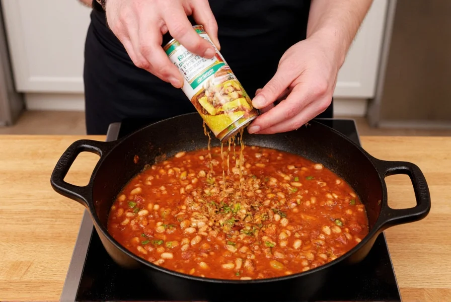Chef adding fresh ingredients to canned chili beans in a cast iron pot