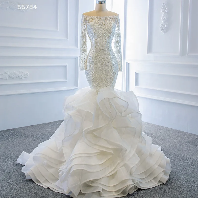 

Jancember RSM66734 mermaid tail luminous off shoulder luxurious long sleeve lace wedding dress