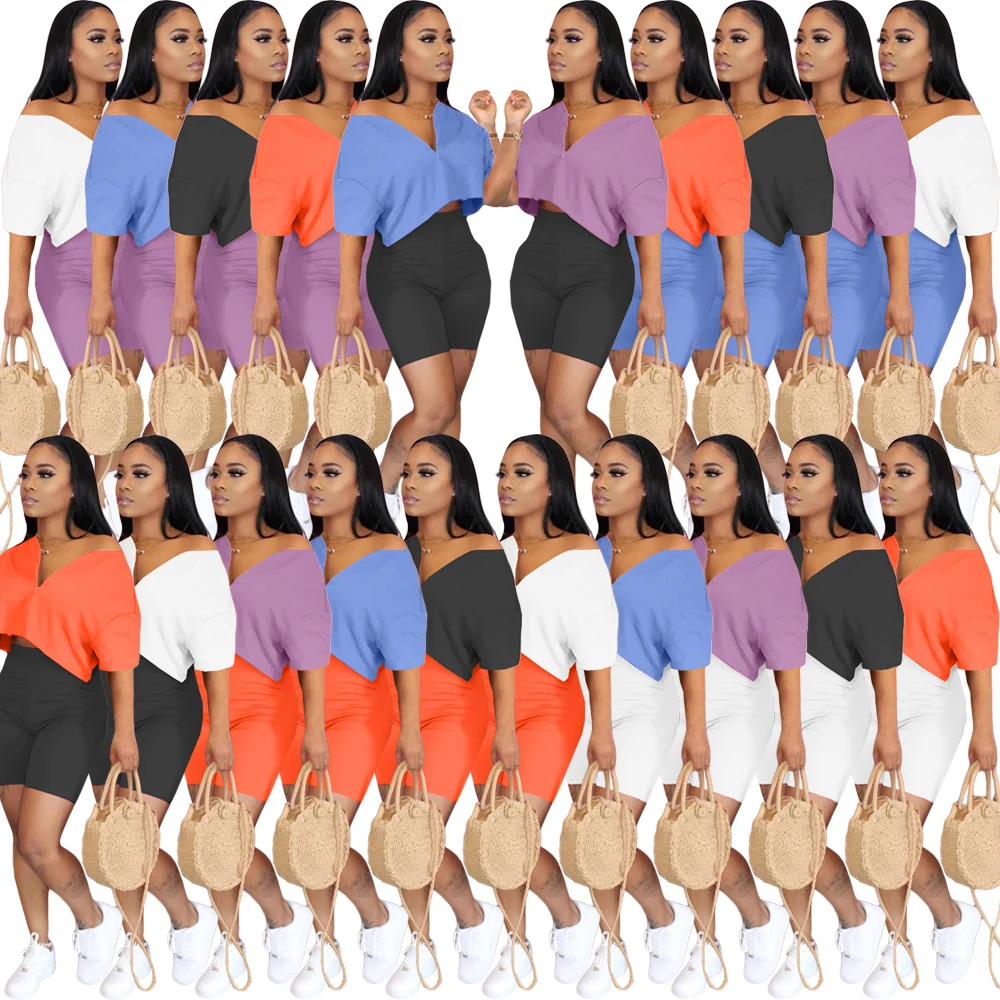 

FM-ZH5192 2020 summer new plain t-shirts 2 piece short set womens biker short sets casual shorts clothing, As pictures