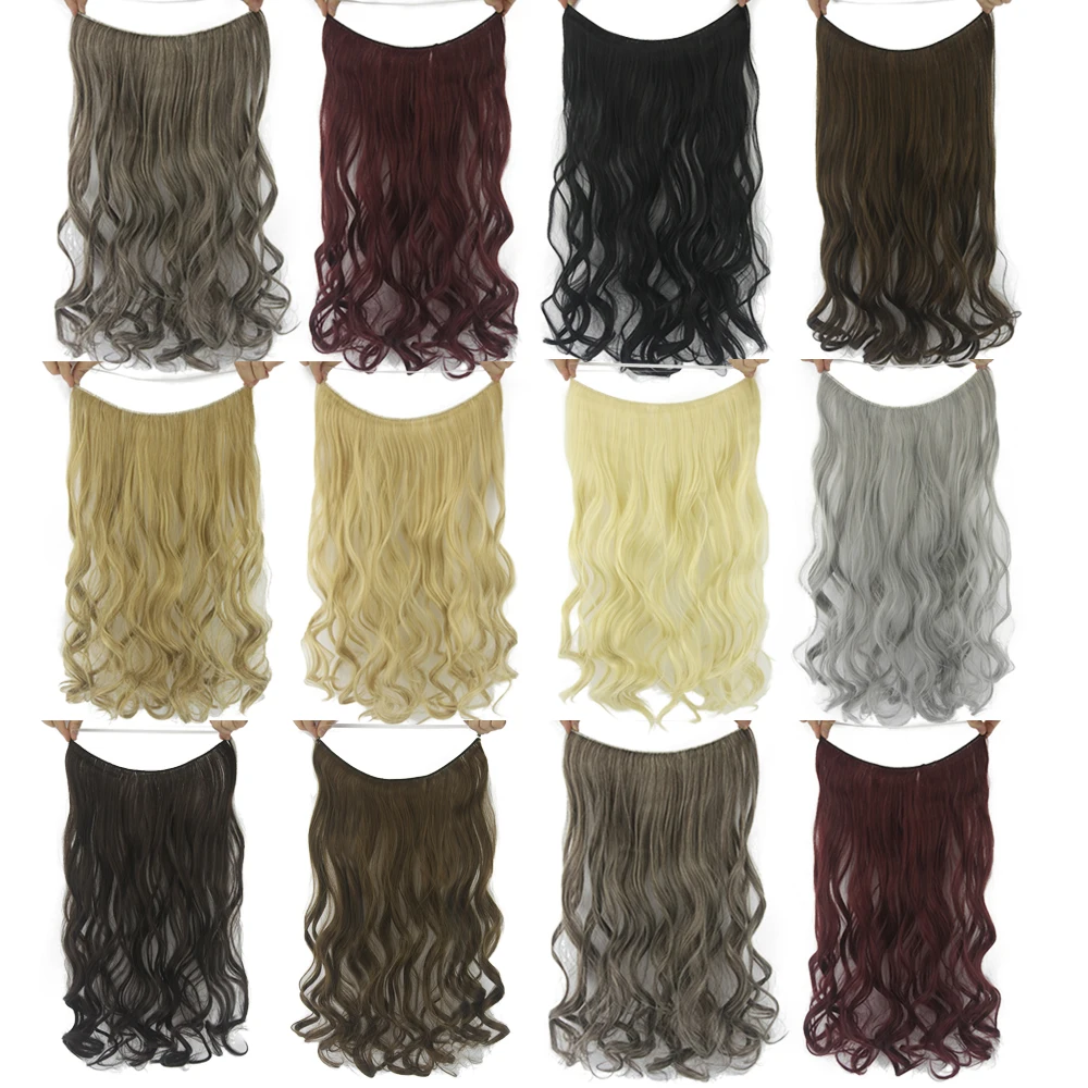 

10 Colors 24'' Long Gray Blonde Synthetic Hair Heat Resistant Hairpieces Fish Line Halo Invisible Wavy Hair Extension