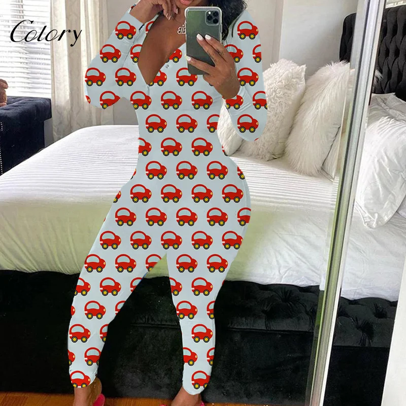 

Colory Custom Print Casual Pajamas Onesie With Butt Flap Deep V Jumpsuit, Picture shows