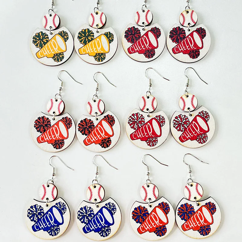 

Women's Simple Baseball Wooden Earrings with Sports Cheerleaders Print for Ceremonies and Fashion Jewelry