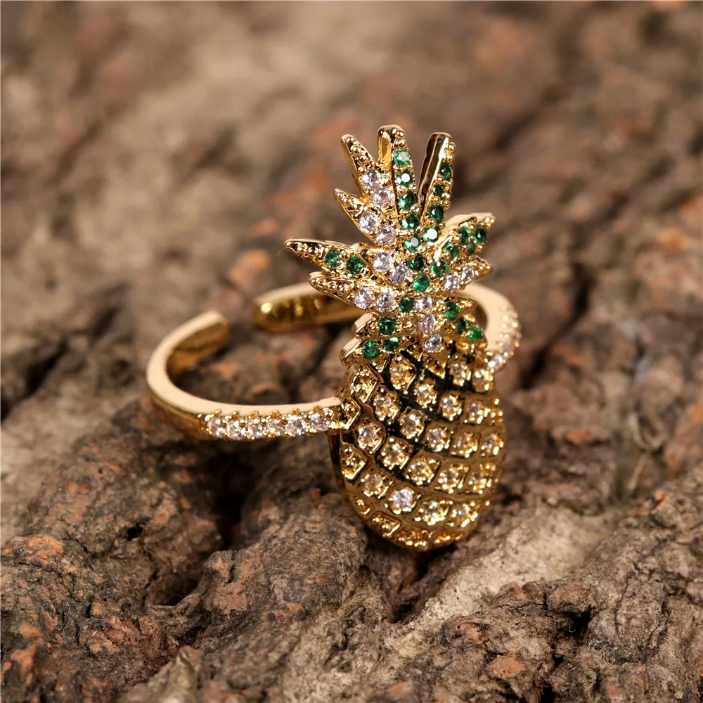 

Amazon Hot Selling Gold Plated CZ Fruit Open Rings Adjustable Pineapple Rhinestone Crystal Open Rings