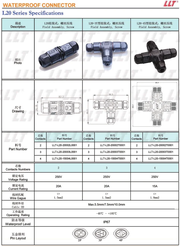 2 L Connection Wholesale LLT L20 2 3 4 Pin Waterproof Connectors for Power