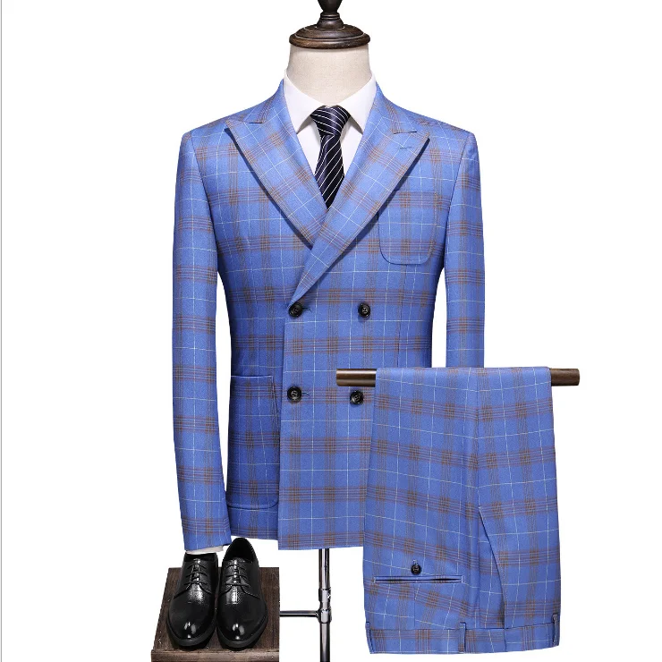

Double Breasted Plaid Suit for Men Light Blue Mens Suits 2021 Slim Fit Masculino Groom Wedding Suit Man